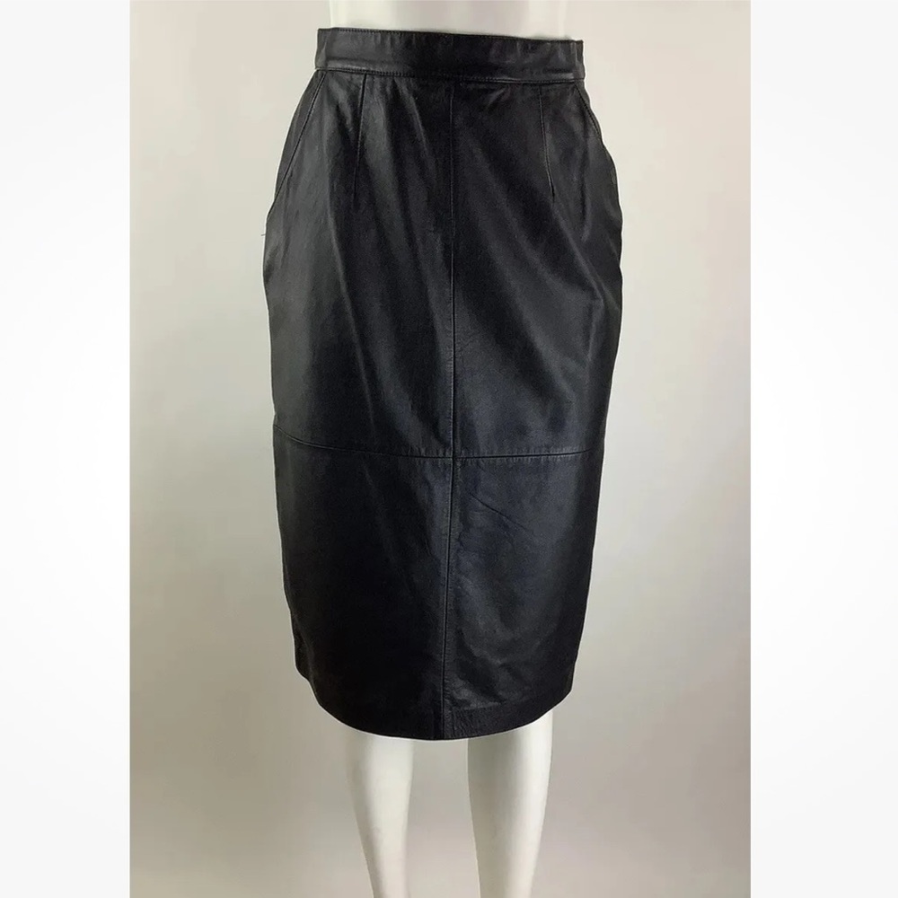 Investments Sz 6 100% Leather Pencil Midi Skirt Black High Waisted Pockets